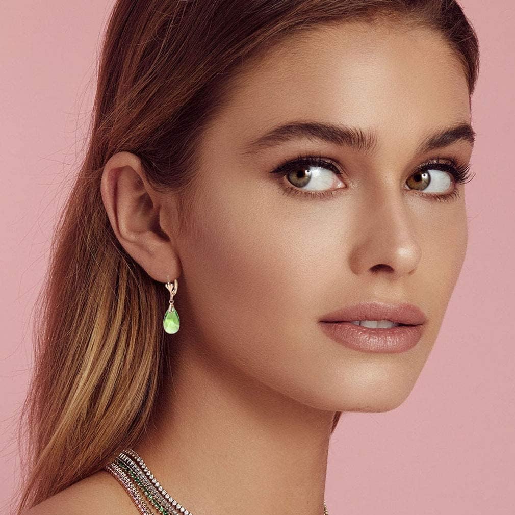 Austrian Crystal Teardrop Leverback Dangle Earrings for Women Fashion 14K Gold Plated Hypoallergenic Jewelry (Green)