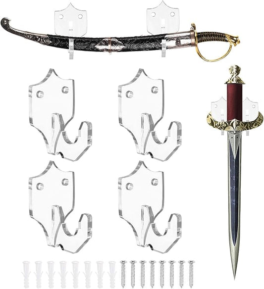 uxcell 4 Pcs Sword Holder Wall Mount Sword Racks Acrylic Wall Sword Display Hanger with Mounting Tools for Knife Martial Arts Sword Placement Display,Transparent (Shield)