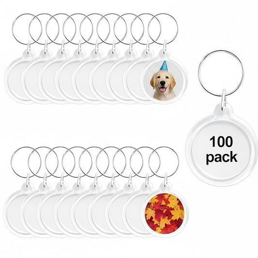 100pcs Circular Acrylic Keychain Blank, Round Clear Photo Keyring Insert for DIY Crafts, Transparent Picture Frame Holder for Wedding Bridal Party Favors & Small Business Branding