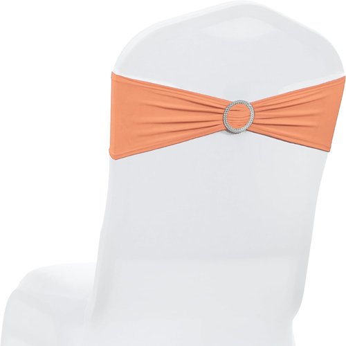 MDS Spandex Chair Sashes - Premium Stretch Bow Covers with Buckle Slider | Universal Fit for Weddings & Events - Peach (Pack of 50)