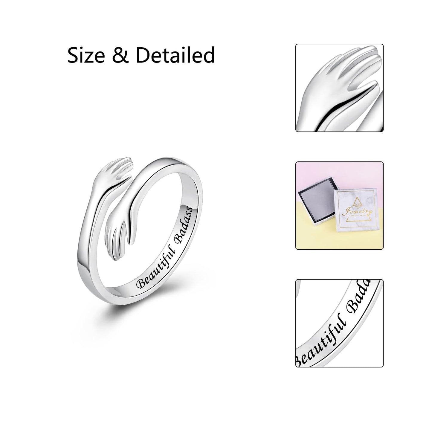 ACJFA S925 Sterling Silver Hug Ring for Women Adjustable Thumb Ring Birthday Gifts (Beautiful Badass)