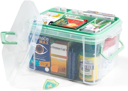 Hey Foly 15Qt Clear Medicine Organizer - Thickened Plastic First Aid Storage Box with Tray & Labels