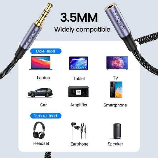 10FT/3Meter 3.5mm MOSWAG Extension Cable Audio Male to Female Stereo Extension Adapter Nylon Braided Cord Compatible