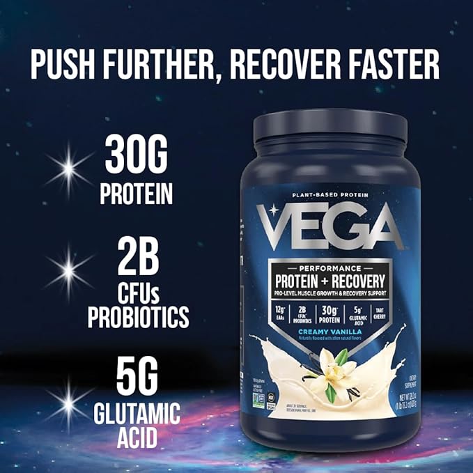 Vega Protein + Recovery - 30g Plant-Based Protein per Serving, Vanilla, 12 x 1.6oz Sachets, 5g BCAAs, Probiotics, NSF Certified, For Shakes & Smoothies, (Packaging May Vary)
