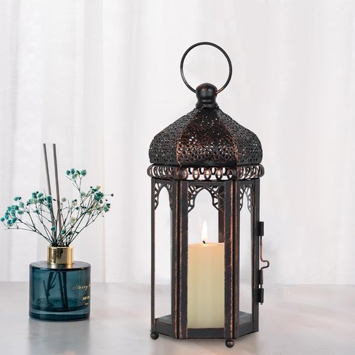 DECORKEY Vintage Lantern - Medium Size Moroccan Hanging Lantern with Clear Glass for Indoor & Outdoor Decor