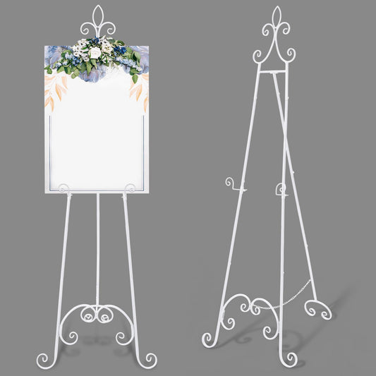 Tosstuki White Easel Stand for Sign Adjustable Wedding Welcome Sign Stand Metal Floor Easel with Chain Support for Wedding Poster Photo Art Pictures Painting Display (61 Inch)