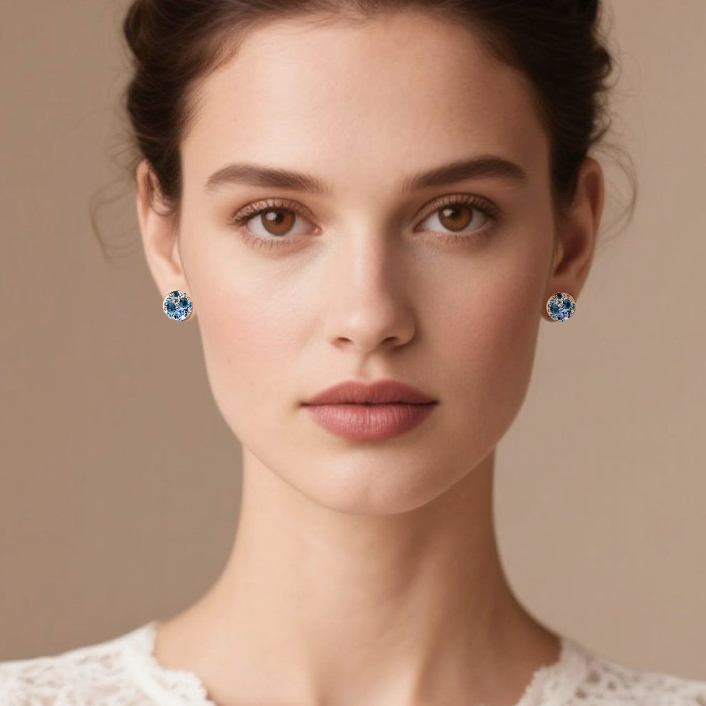 Multicolored Austrian Crystal Rhinestone Stud Earrings for Women Fashion S925 Sterling Silver Hypoallergenic Jewelry (Blue Main Crystal/Rose Gold-tone)