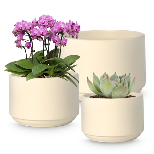 OXART Ceramic Pots for Plants, 10+8.4+7 inch Plant Pots Set of 3, Planters for Indoor Plants with Drainage, Modern Home Garden Flower Pots for Succulent, Pothos, Snake Plant and Money Tree, Yellow