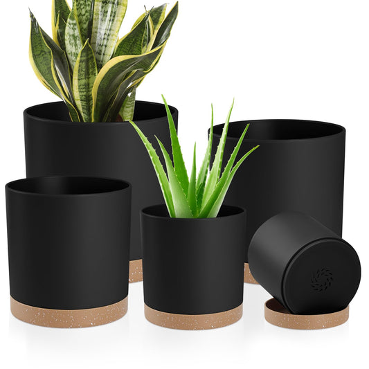 YNNICO Plant Pots with Drainage Holes and Saucers – 7, 6.5, 6, 5, 4 Inch Plastic Planters for Indoor Outdoor Plants, Modern Matte Finish, Lightweight & Durable（Black）
