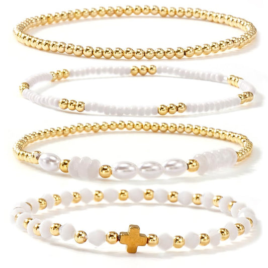 Bohxantium Gold Pearl Crystal Cross Bracelet for Women 14K Gold Plated Beads Pearl White Crystal Beaded Bracelet Stack Stretch Stackable Non Tarnish Trendy Jewelry Friendship Christian Gift for Women