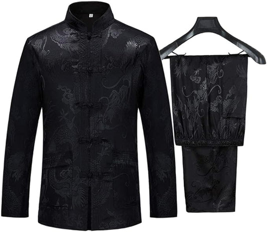 wecotton Tang Suit Men Hanfu Chinese Traditional Clothes Kung Fu Shirt Uniform Long Sleeved Coat Tops and Pants