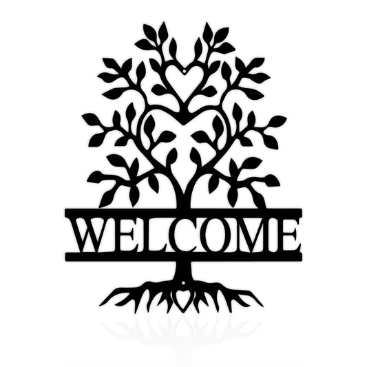 12" x 9.74" Black Metal Welcome Sign for Front Door, Tree of Life Wall Art Decor, New Home Welcome Porch Sign, for Home Living Room Office