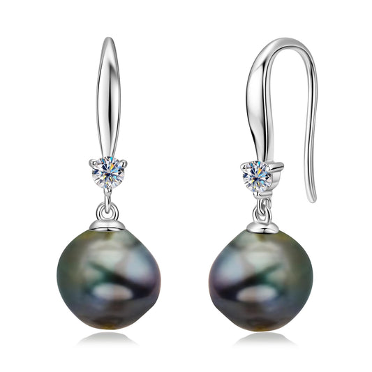 Black Pearl Earrings for Women, 925 Sterling Silver Tahitian Cultured 8-9mm Baroque Pearl Drop Dangle Earrings Birthday Anniversary Jewelry for Mom Wife