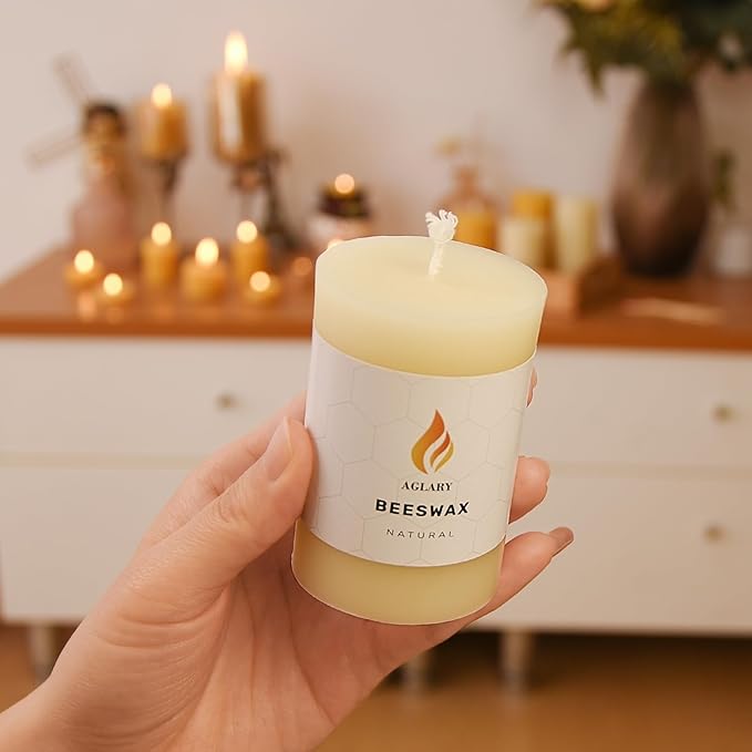 3PCS Beeswax Pillar Candles,Large Handmade Pure Beeswax Candle,Long Lasting Burn Time，Unscented Smokelessï¼? * 3",20H, White