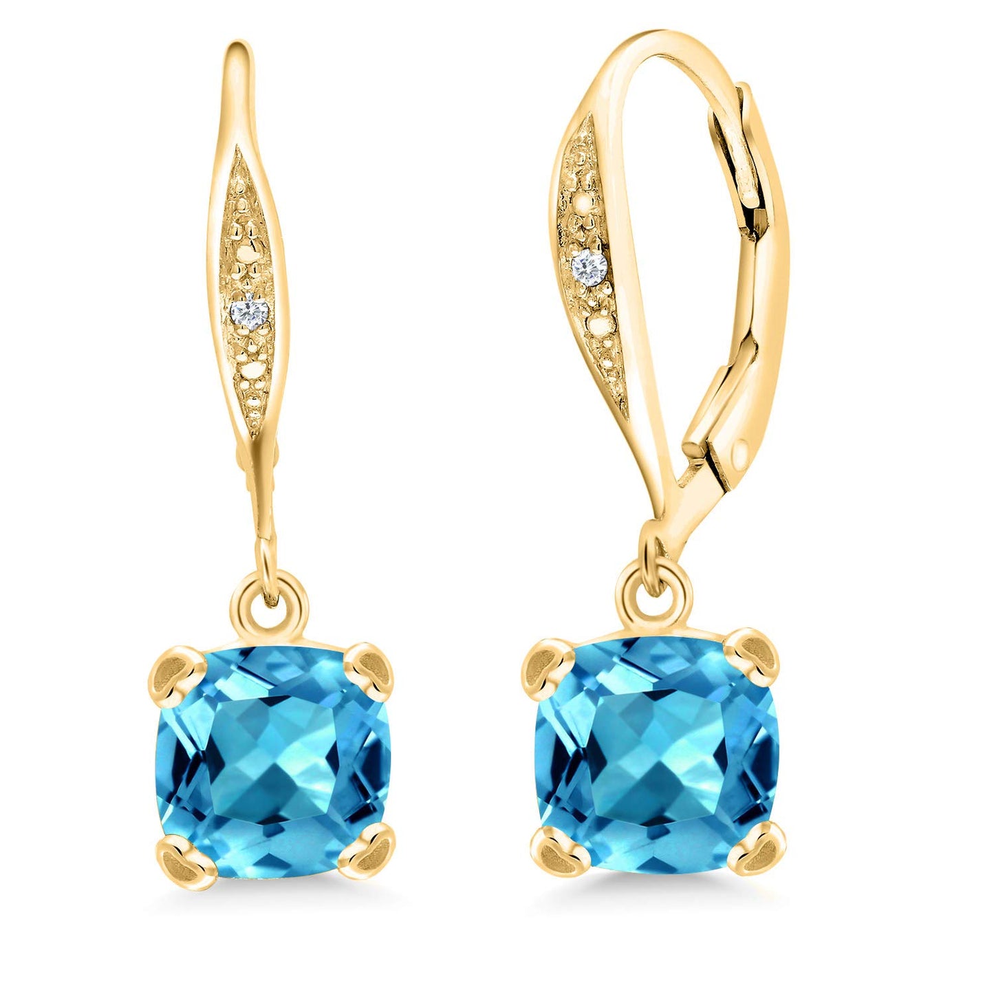 Gem Stone King Drop Dangle Earrings For Women | 7MM Cushion Cut Gemstone Birthstone and Diamond | 925 Sterling Silver | Jewelry Gift for Mom Wife Her | Swiss Blue Topaz-November | Yellow Gold