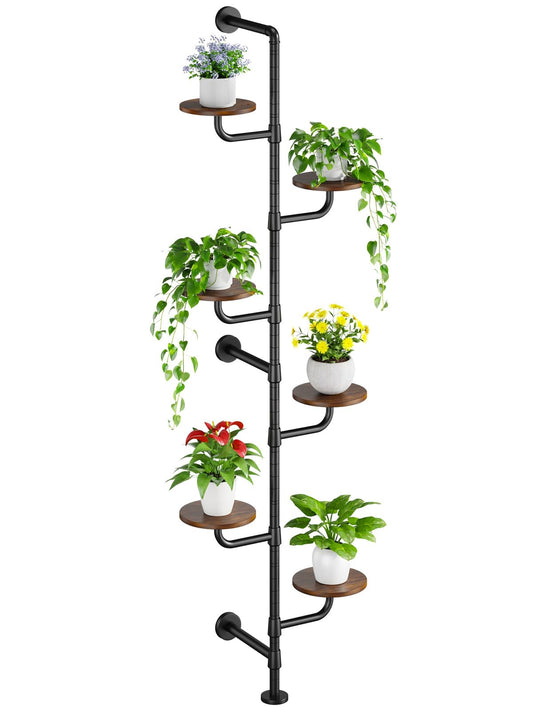 CYXPHION Plant Stand Indoor, 6-Tier Plant Shelf, Tall Wall Mounted Metal Pole & Rotating Wooden Board Plant Holder for French Window, Corner, Home Decor - C5