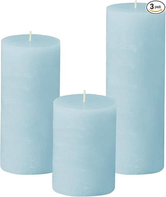 Simply Soson 3x4, 3x6, 3x8 inch Light Blue Pillar Candles, Set of 3 Pillar Candles, Rustic Texture, Unscented Candles, Dripless Candles, Ideal as Wedding, Parties, Spa, Dinner, Home Decor, Church