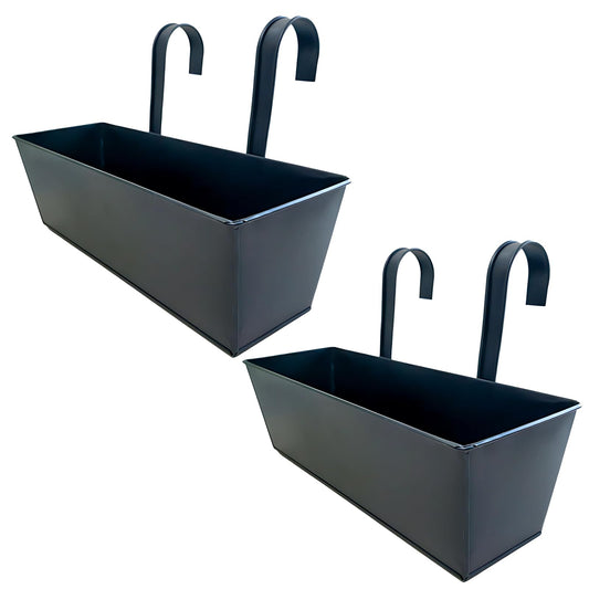Tressify Outdoor Hanging Planter, 2 Pcs 16.3 in Black Metal Railing Planter Box, Iron Flower Pot with Drainage Holes