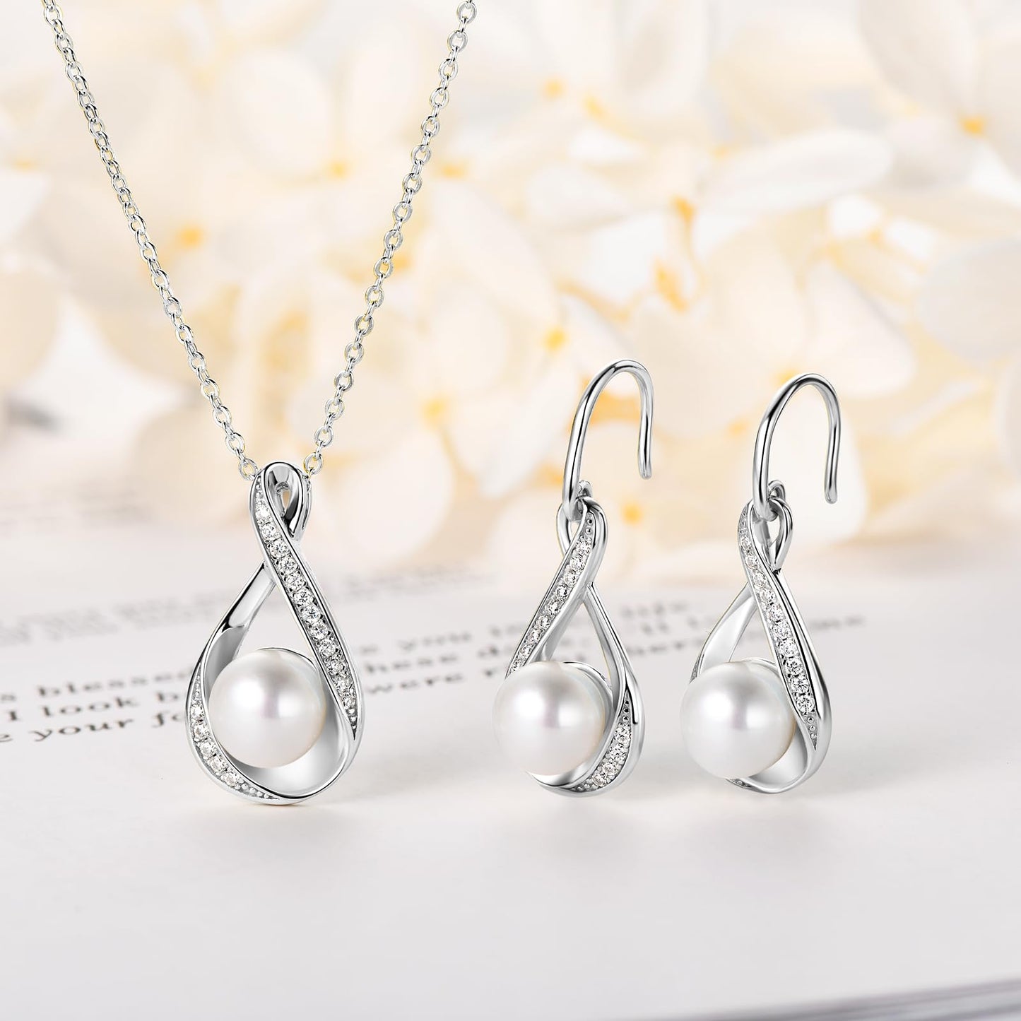 DENGGUANG Sterling Silver Pearl Jewelry Set with Moissanite, Real Freshwater Pearl Earrings Necklace for Women, Wedding Jewelry for Brides Bridesmaid, Mother's Day