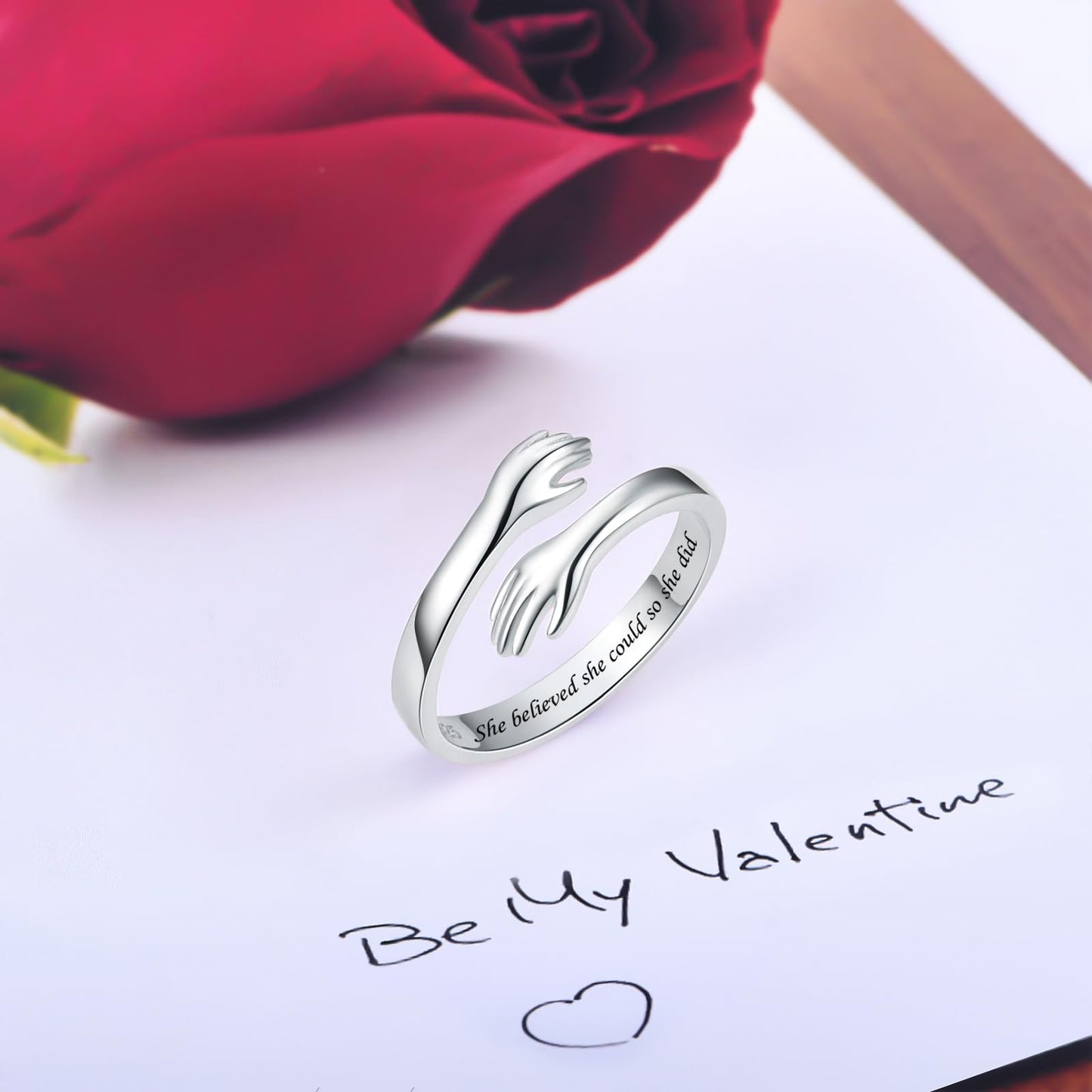 ACJFA Hug Rings for Women Sterling Silver Adjustable Ring Thumb Ring Birthday Mother Gifts Jewelry (She believed she could so she did)