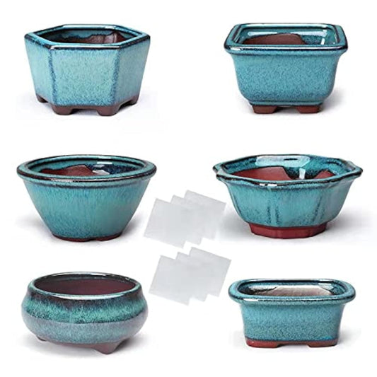 YUEMUCAO Set of 6 Ceramic Succulent Flower Pot, Small Plant Flower Pot, Glazed Flower Pot + 6 Soft Drainage Nets