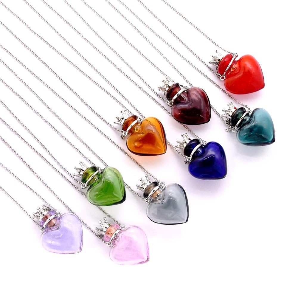 Glaze Glass Heart-Shaped Refillable Essential Oil Necklace Pendant - Aromatherapy Perfume Diffuser Pendant with Stainless Steel Chain (Dark Blue)