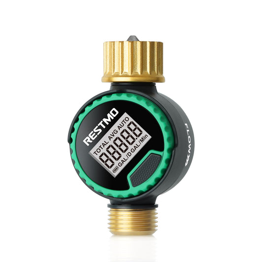 RESTMO 360° Rotatable Water Flow Meter, Pure Brass Inlet & Outlet Water Meter, Measure Gallon/Liter Consumption and Flow Rate for Garden Hose Watering, RV Water Tank Filling and Lawn Sprinkler