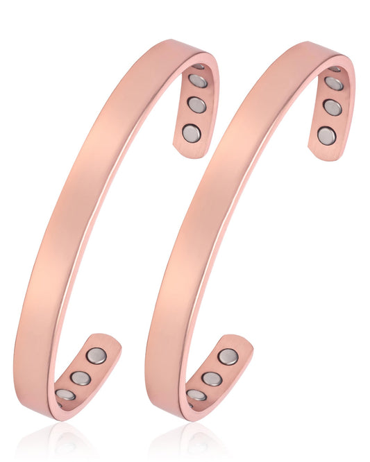 BioMag 2 Pcs Copper Bracelets for Women Men, 99.99% Pure Copper Cuff Bangle with 8 Pcs 3500 Gauss Magnets, Adjustable Size, Simple and Stylish Design