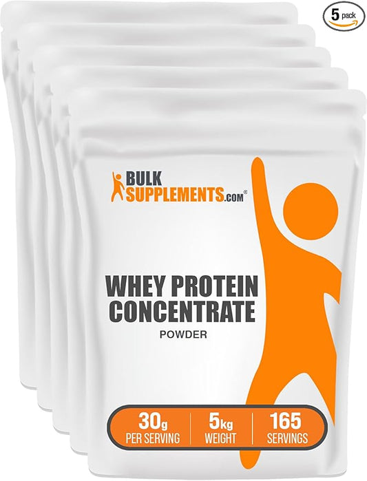BulkSupplements.com Whey Protein Concentrate Powder - Whey Protein Powder Supplement, Unsweetened, Unflavored & Gluten Free, 30g per Serving, 1kg (Pack of 5) (11 lbs)