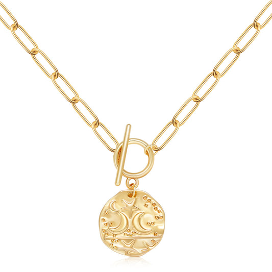 BONJOULRY Star Moon Coin Charm Toggle Necklace for Women 14K Gold Plated Vintage Retro Chunky Paperclip Link Chain Celestial Pendant Choker Necklaces Trendy Jewelry Holiday Gift