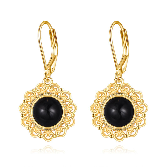 Black Onyx Dangle Drop Earrings Sterling Silver 18K Yellow Gold Plated Filigree Black Onyx Leverback Earrings