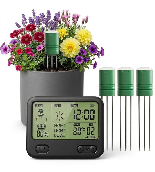 VODESON Soil Moisture Meter for Plants, Multi-Zone Wireless Soil Test Kit & Soil Thermometer, TDR4-in-1 Plant Water Meter, 230ft RF, IPX5 Waterproof, Indoor Outdoor Garden Lawn Farm(Display+4 Sensor)
