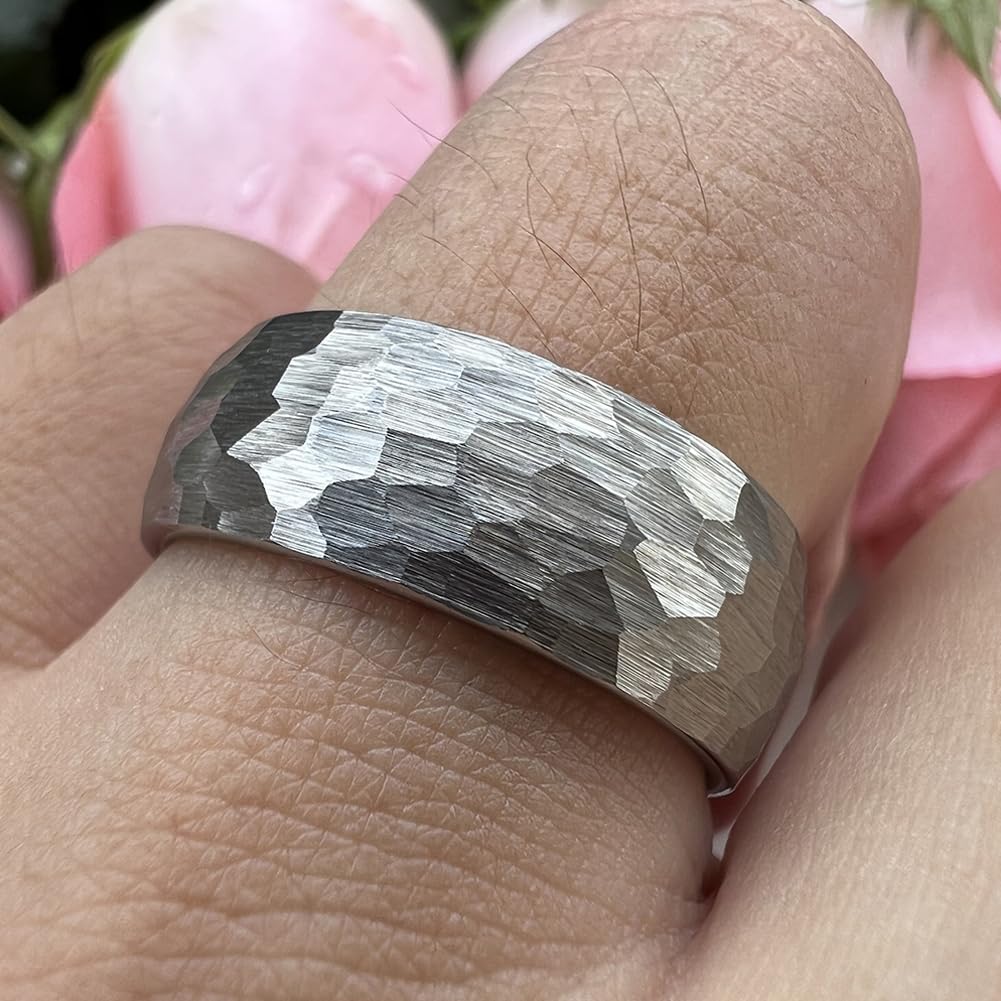 TUTISS 8mm Hammered Tungsten Rings for Men Women Fashion Engagement Wedding Bands Domed Matte Finish Comfort Fit Size 13