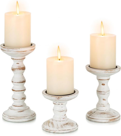 Candeldo Wood Candle Holders - Rustic Pillar Holder Set of 3 | Tall White Farmhouse Decor for Centerpieces