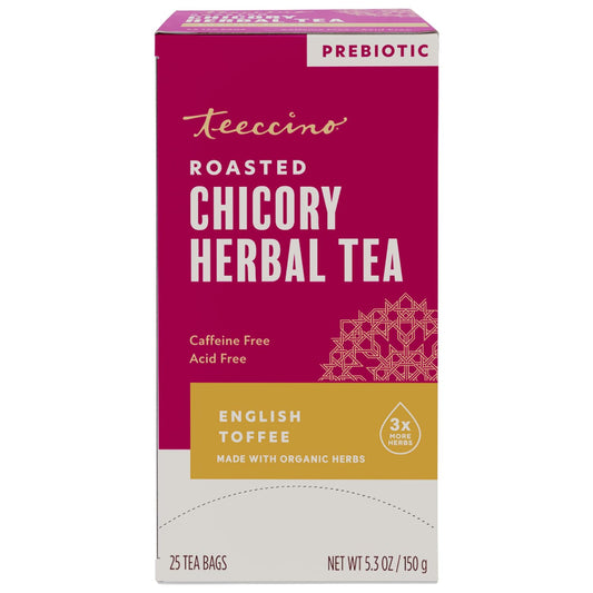 Teeccino English Toffee Herbal Tea - 25 Tea Bags - Rich & Roasted Herbal Tea That’s Caffeine Free & Prebiotic For Natural Energy & Good Digestion, 3 X More Herbs In Each Tea Bag
