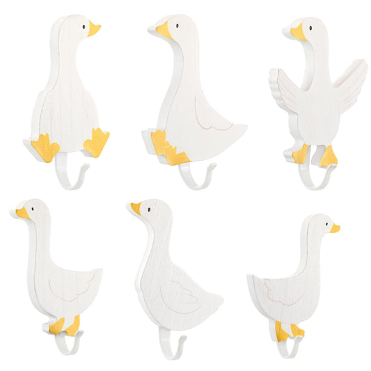 Beeveer 6 Pcs Decorative Goose Wall Hooks Kids Wooden Goose Baby Nursery Hooks Cute White Towel Hanger for Childs Nursery Bathroom Bedroom Home Decor