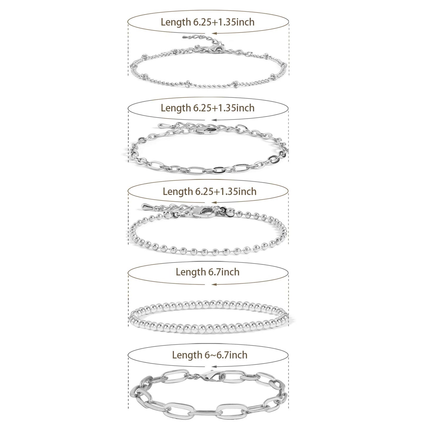 CONRAN KREMIX Silver Chain Bracelet for Women,Stake Layered Dainty Link Paperclip Bracelets Set,Trendy Silver Jewelry For Women