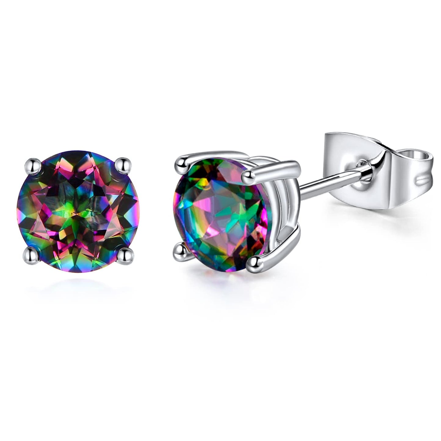 Womens Earrings 6mm Round Created Rainbow Quartz Mystic Topaz Gemstone 18K White Gold Plated CZ Ear Piercings Studs for Mens Earingssimple Hypoallergenic Jewelry Birthday Gifts