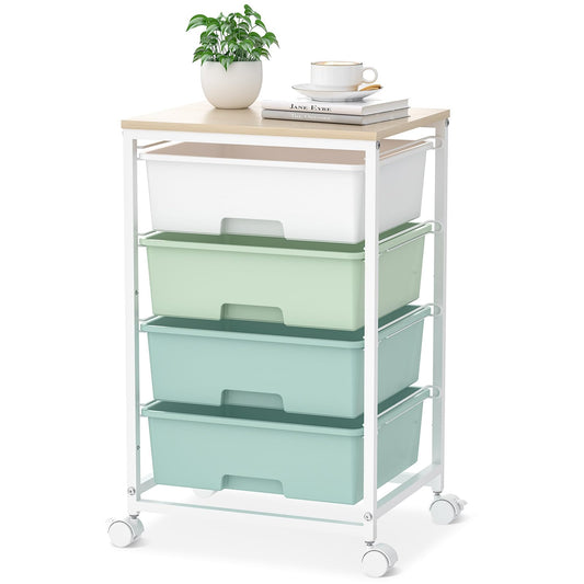 SYKIARIOL Utility Cart with 4 Drawers,Rolling Storage Cart with Drawers,Storage Rolling Drawer Cart with Wooden Tabletop for Bedroom,Kid's Room,Dorm,Classroom,Office,Green