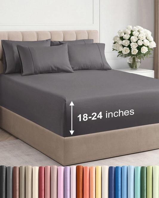Skiennix Extra Deep Cal King Sheet Set - 6 Piece Breathable Cooling Bedding - Soft Wrinkle-Free Grey