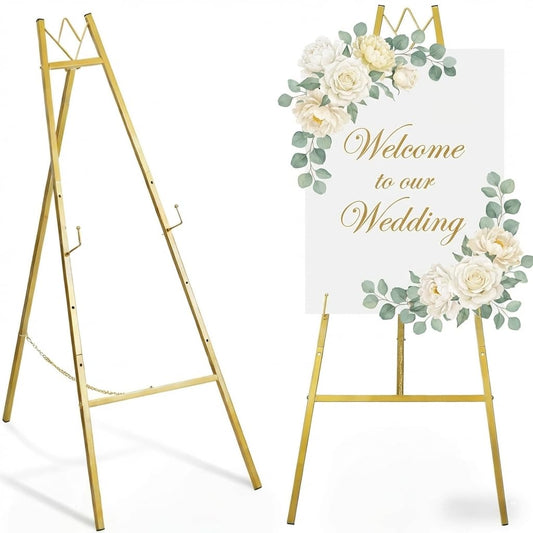 57.5" Gold Easel Stand for Wedding Sign, Heavy Duty Metal Display Stand, 4-Tier Height Adjustable Easel for Art, Paintings, Welcome Signs, Posters, and Décor, Simply Assembly Required