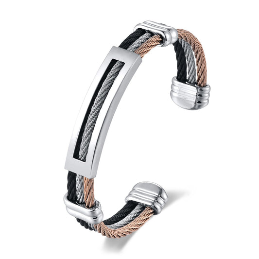 BIYONGDE Mens Stainless Steel Twisted Cable Cuff Bracelet, Open Bangle Bracelet for Unisex, Classic and Urban Style,Tripple Colors Combination (Silver Black and Rose Gold)