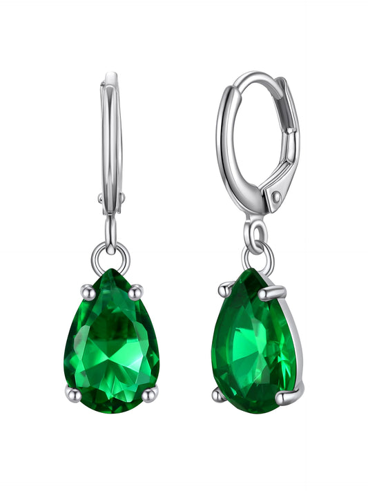 Bestyle Green Emerald Teardrop Earring with Hypoallergneic Silver Huggie Hoops - Shimmer May Birthstone Dangles Silver Earring for Women - Dainty Cute Earrings for Mom Wife Grandma