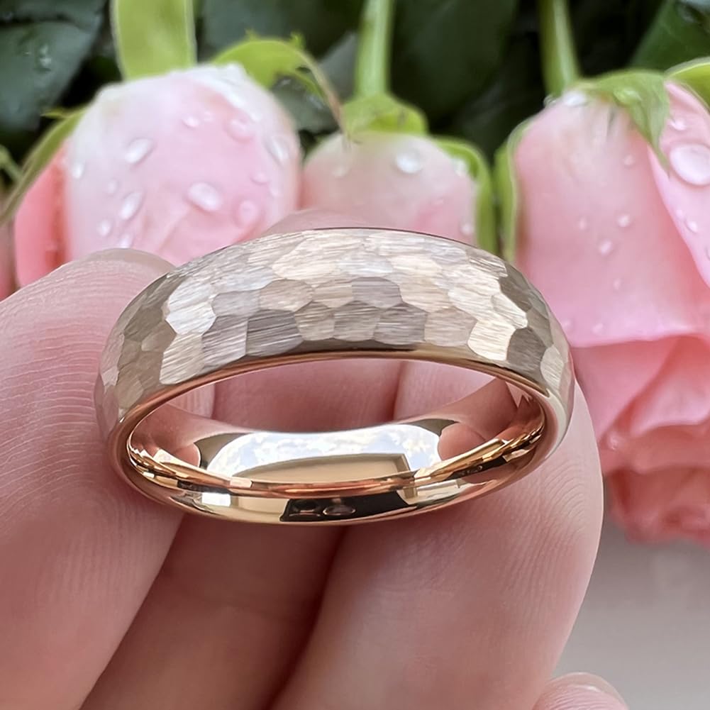 TUTISS 6mm Rose Gold Hammered Tungsten Rings for Men Women Engagement Wedding Bands Domed I Love You Engraved Comfort Fit Size 6