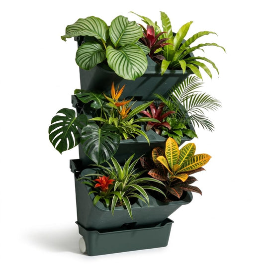3-Tiers Vertical Wall-Mounted Planter with 6 Pots Vertical Garden Living Wall Planter Indoor Self-Watering Soil-Water Separation Stackable Plastic Planter for Herb Vegetable Flower Succulent (Green)