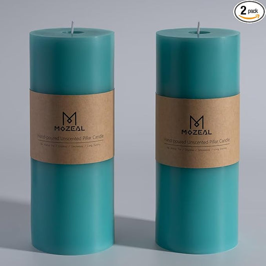 MOZEAL 4" x 10" Extra-Large Turquoise Pillar Candles (Set of 2), Unscented,Dripless, Smokeless,Long Clean-Burning,These Tall 10 inch Large Teal Pillar Candles Perfect for Weddings and Spring Decor