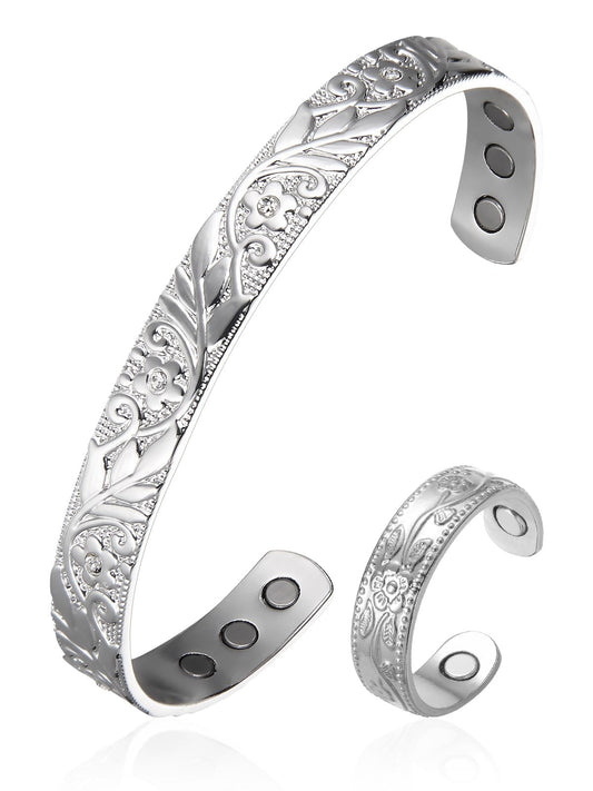 BioMag Lymphatic Drainage Ring & Copper Bracelet, 99.99% Pure Copper Magnetic Bracelet & Ring with Built-in 3500 Gauss Magnets, Adjustable Size,Floral Branch and Leaf Pattern