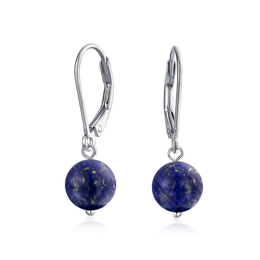 Bling Jewelry Simple Plain Navy Blue Lapis Lazuli Gemstone Round Dangle Lever back Ball Drop Earrings For Women .925 Sterling Silver
