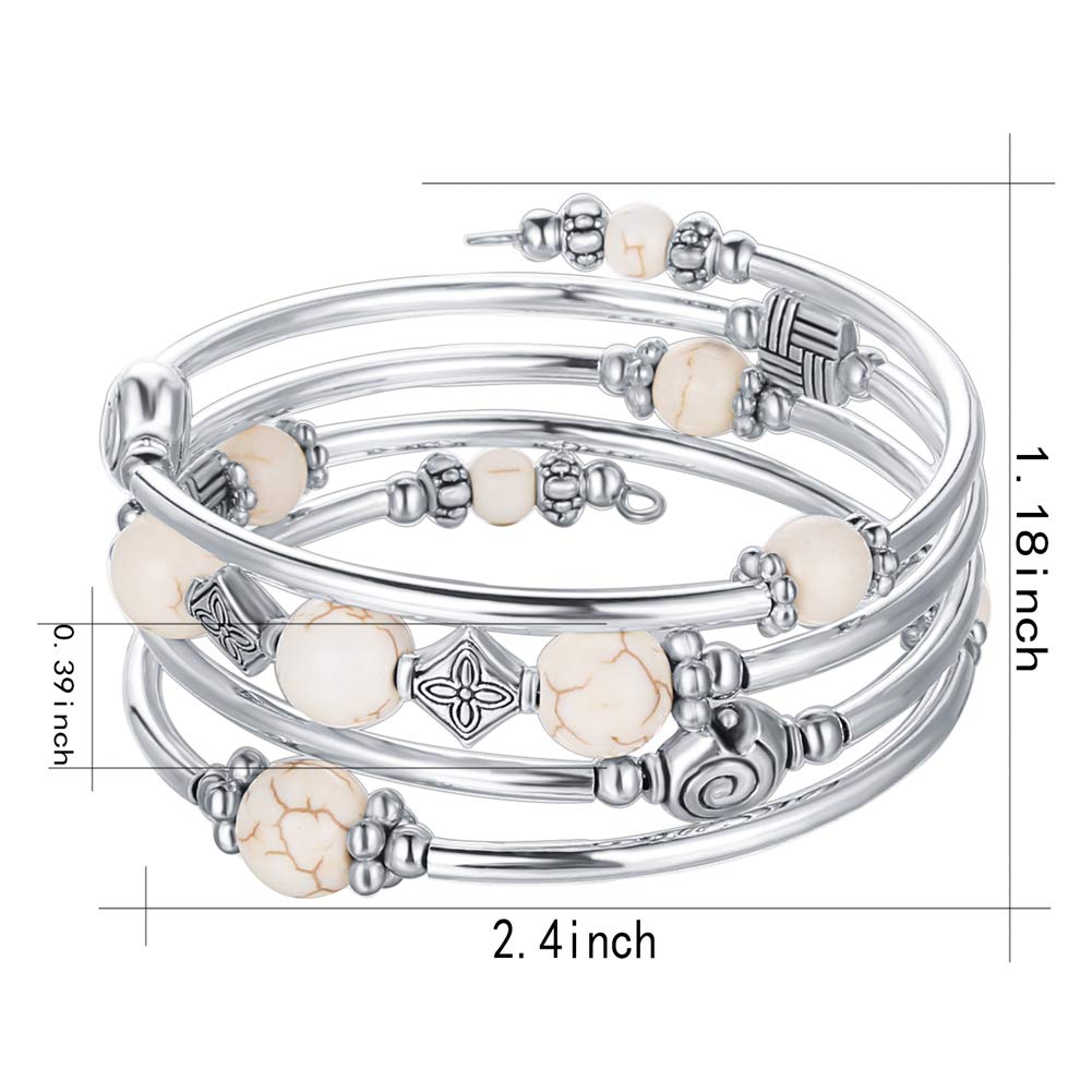 Beaded Pearl Bangle Wrap Bracelet - Fashion Bohemian Jewelry Multilayer Charm Bracelet with Thick Silver Metal Beads, Gift For Women(White Turquoise)