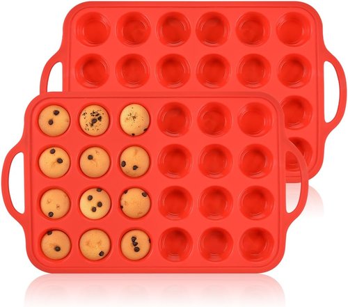 CAKETIME Silicone Mini Muffin Pan - 24-Cup BPA-Free Muffin Molds with Metal Reinforced Frame & Handles | Red 2-Pack